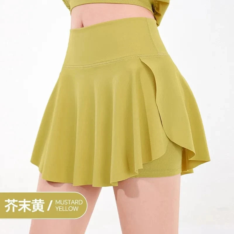 XL / Green 2024 Women's sports skirt anti exposure outdoor badminton tennis skirt pleat splicing two high waist yoga culottes quick dry