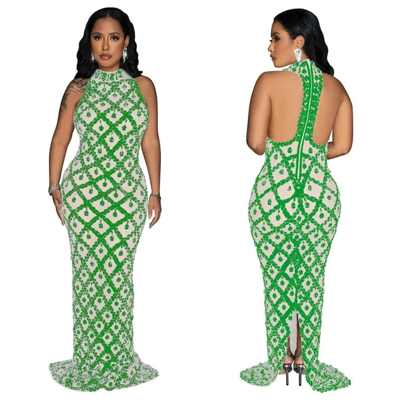 XL / Green 2024 women see through sexy sleeveless elegant vintage mesh party prom maxi floor length sequin evening gown dress with sequin