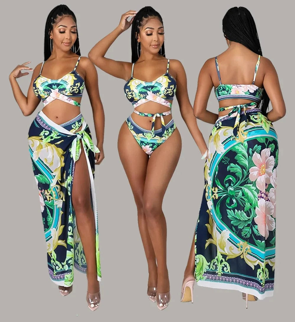 XL / Green 3pcs bikini set floral bikini ve swimwear & beachwear latest sleeveless maxi skirt sarongs beachwear pareo floral printed
