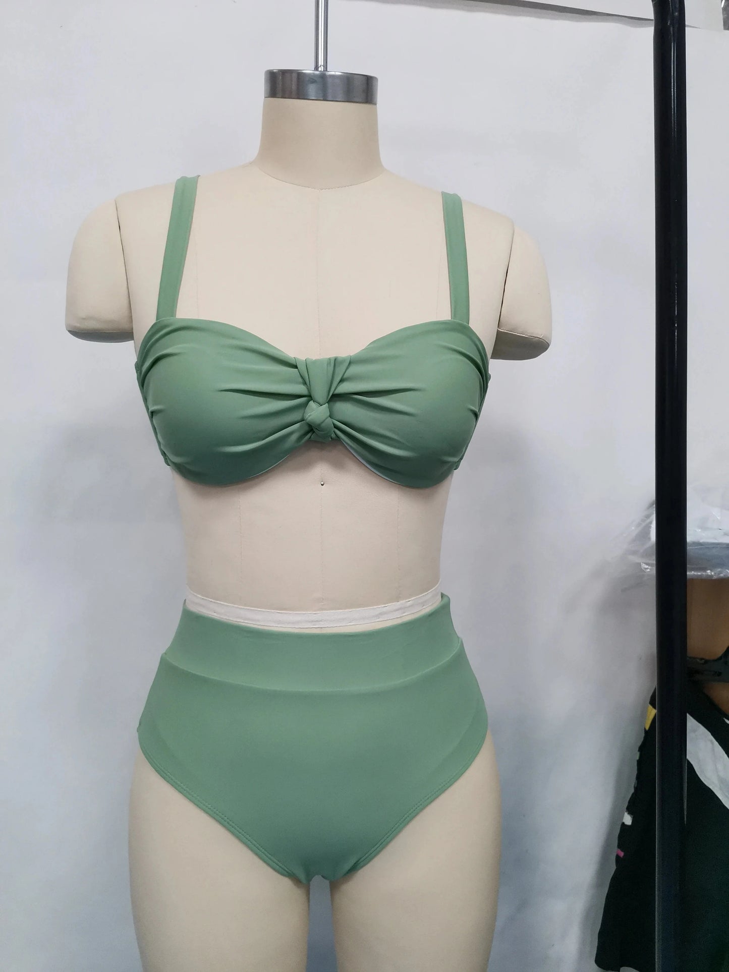 XL / Green Explosive Split Swimsuit New Solid Color Striped High Waist Sexy Bikini Set Woman Bikinis & Beachwear Swimwear 2024