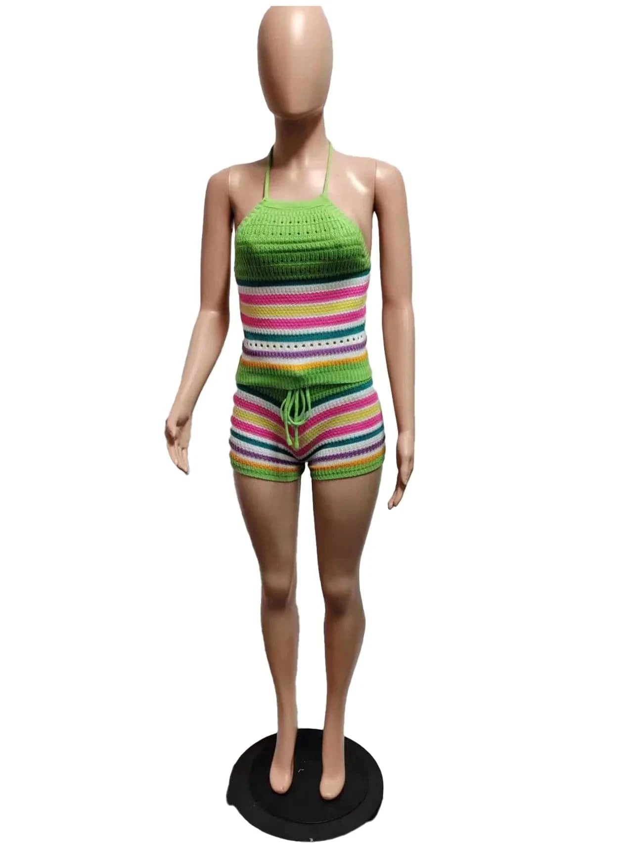 XL / Green GX8157 New 2024 Summer Unique Women Street Wear Knitted Outfit Sleeveless Strip Crop Top and Shorts Matching Suit 2 Piece Set