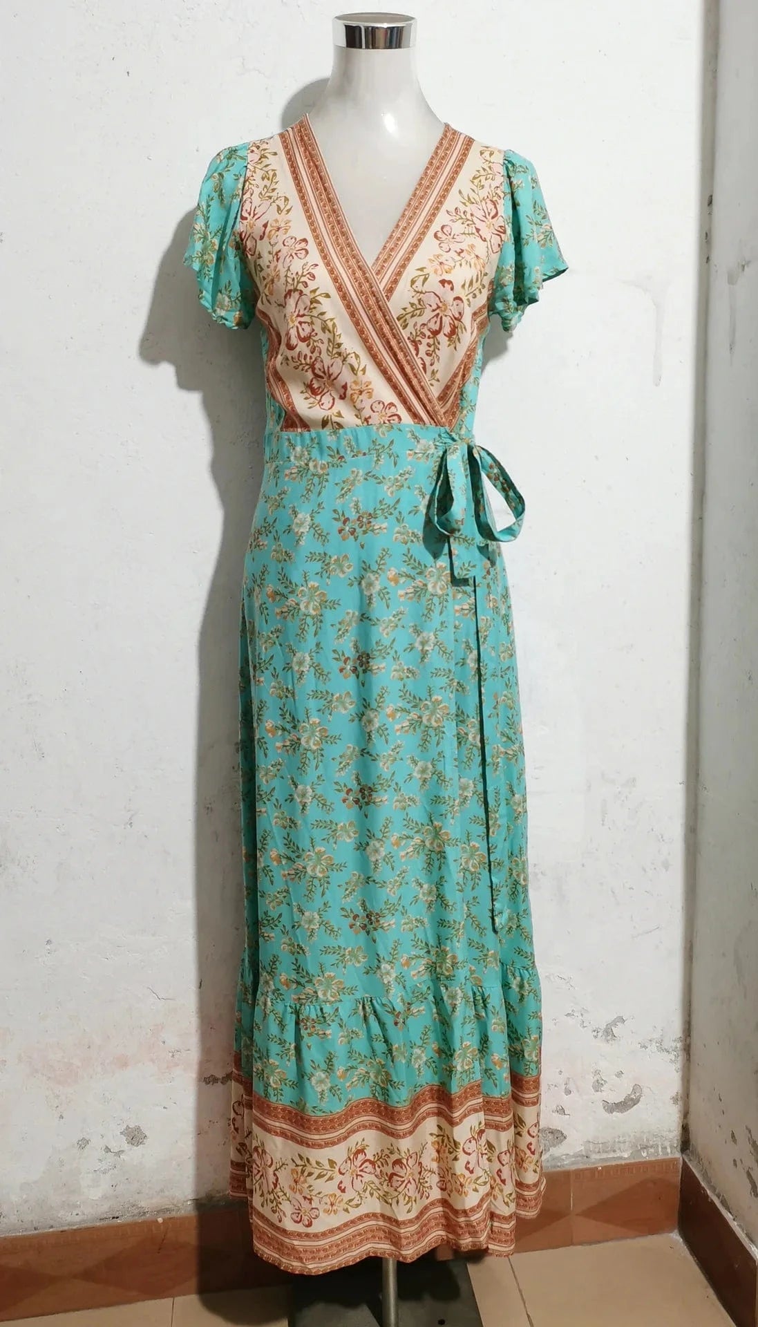 XL / Green Rayon womans boho floral beach long maxi Wrap dress clothing summer Wholesale bohemian dresses for women 2024 spring