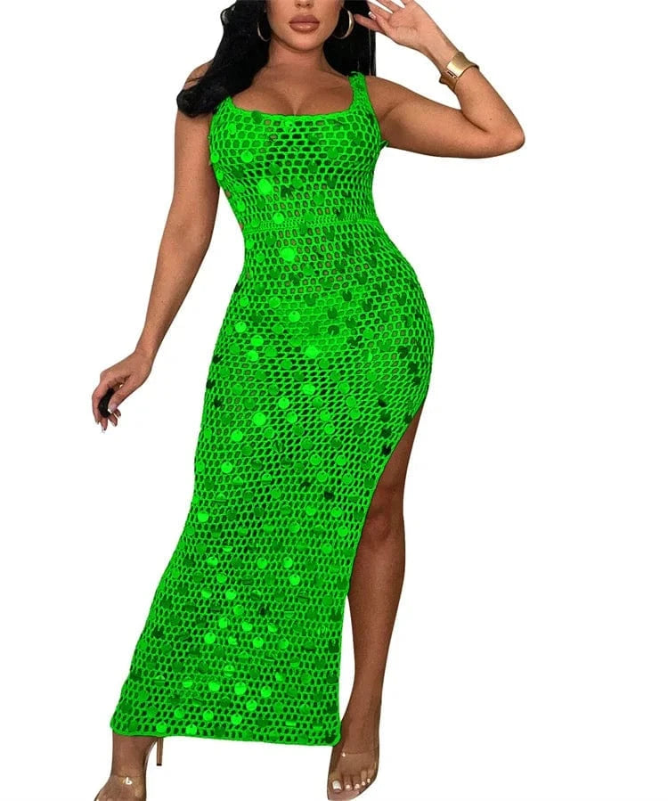 XL / Green Sequined Patchwork Hand Knitted Tank Long Dress Women Sexy Hollow Out Sleeveless Side High Split Summer Beach Robe Cover Up