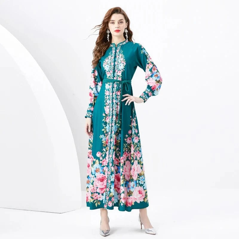 XL / Green Spring/Summer 2024- Resort style retro stand up collar single breasted lantern sleeve printed wide hem long dress KL6232080