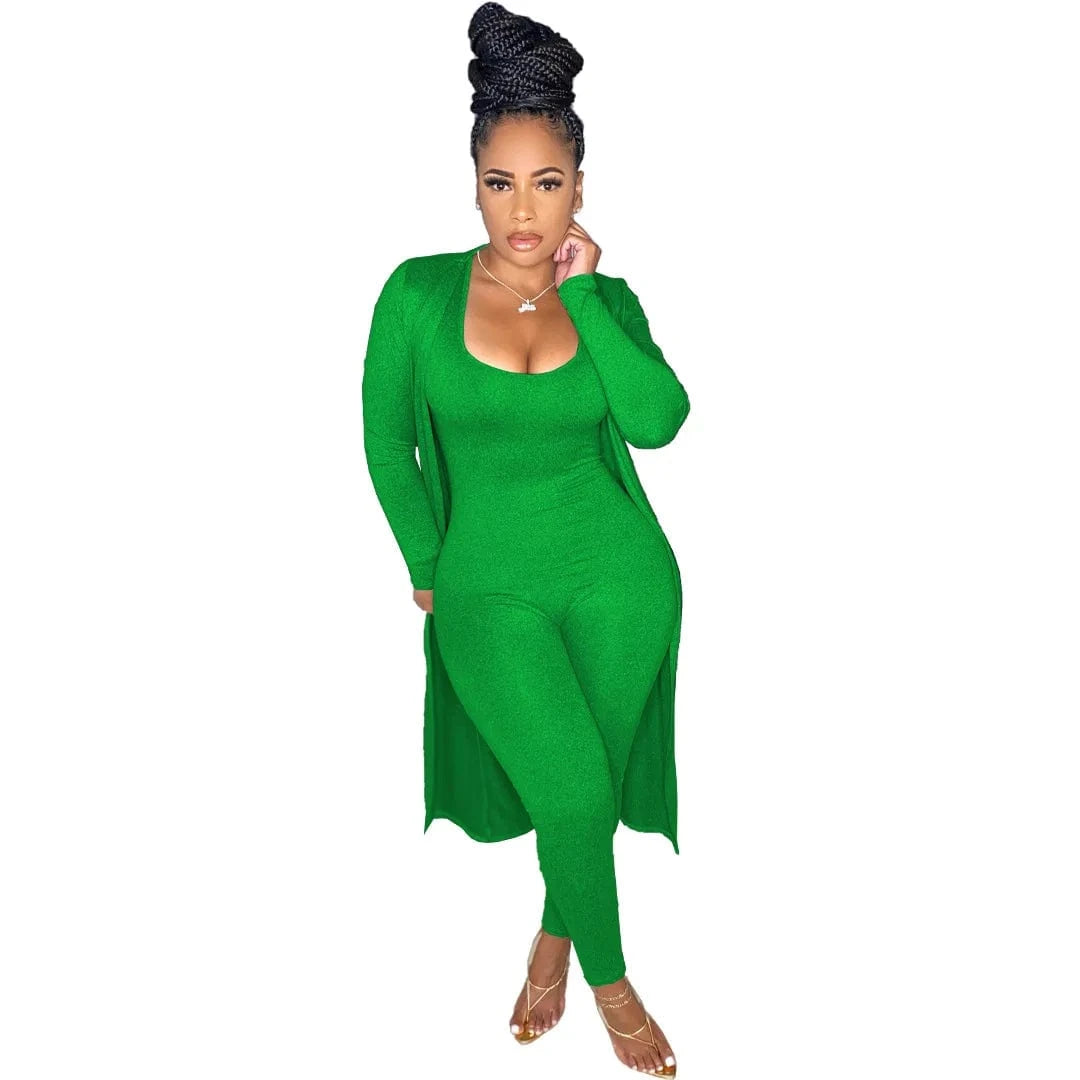 XL / Green Women Fashion Fall Winter Clothing 2024 Casual Solid Color Jumpsuits 2 Piece Set Sexy Sleeveless Skinny Jumpsuit Lady Outfit