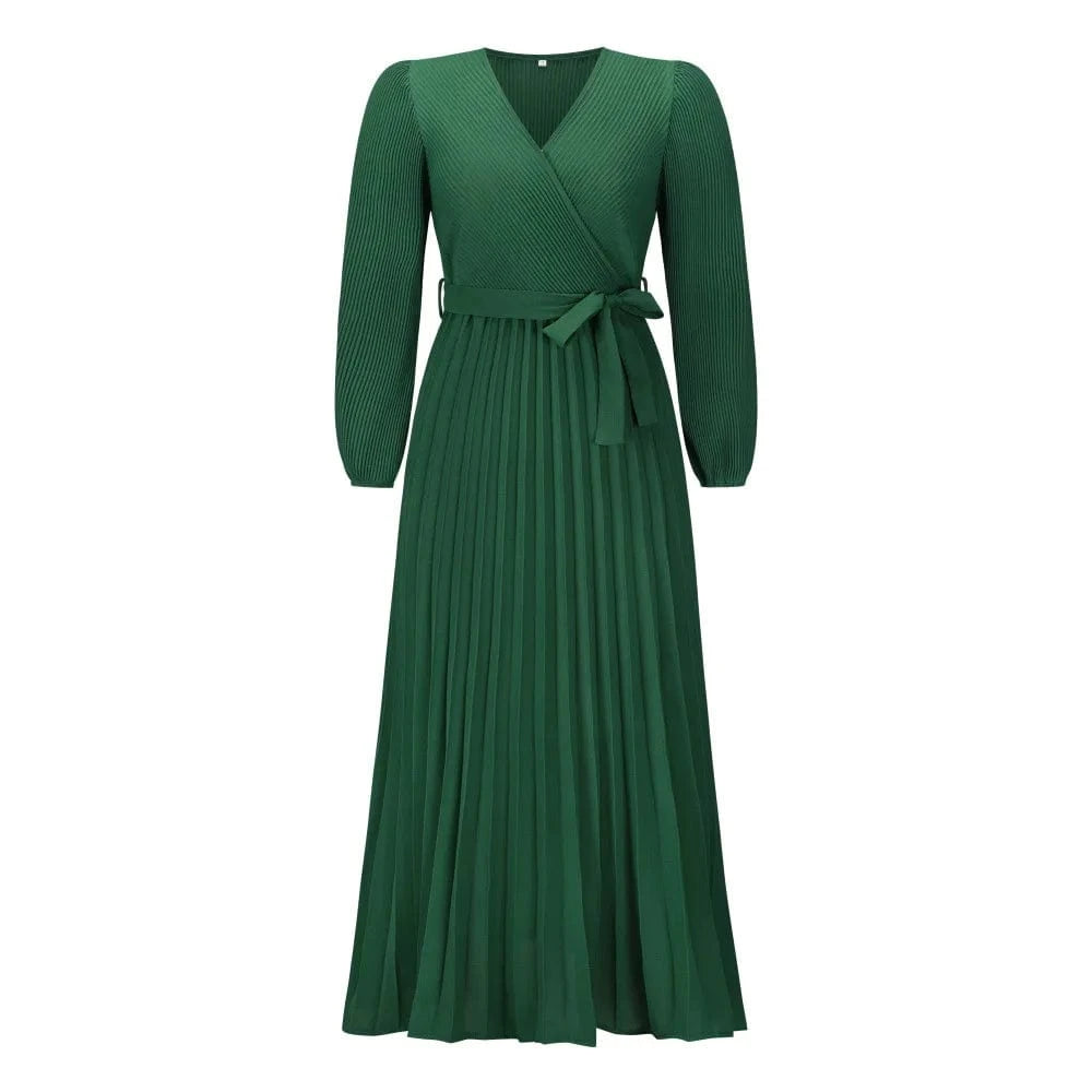 XL / Green Women solid Bohemia V-Neck Long Sleeve Pleated A-Line Maxi Dresses Lady casual dresses