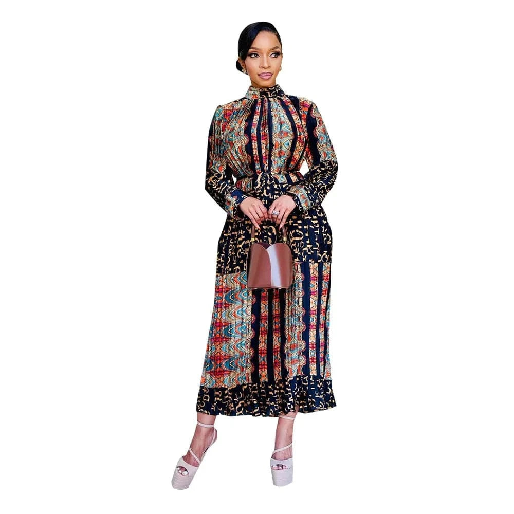 XL / Green ZHEZHE 2024 New Trendy Fashion Printed Long sleeve Pleated Dress Elegant Fall Women's Dresses Printed African Dress