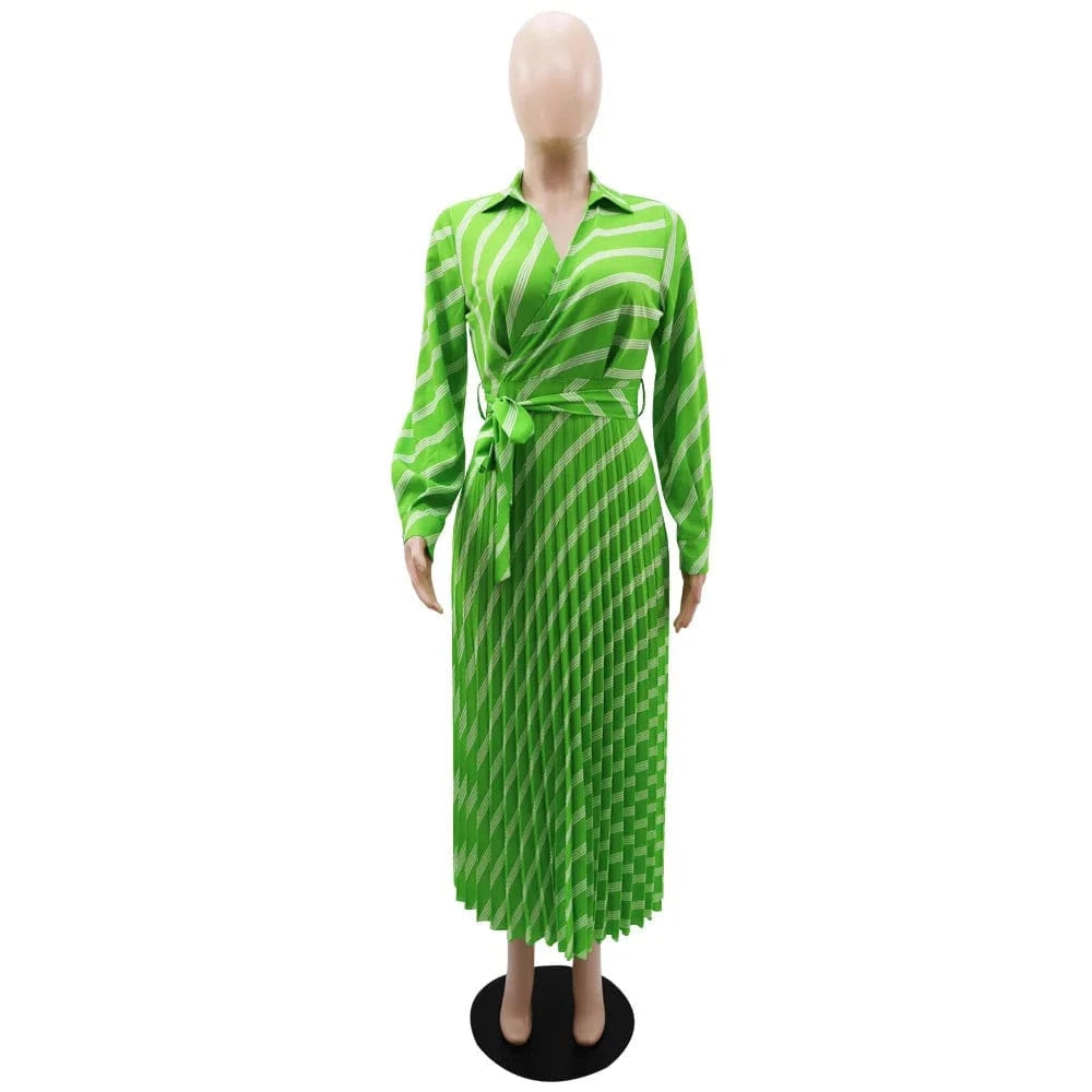 XL / Green ZHEZHE Women Fall Clothes 2024 Fashion Polo Shirt Stripe Printed High Waist Lace Up Pleated Dress Casual Maxi Long Dress Elegant