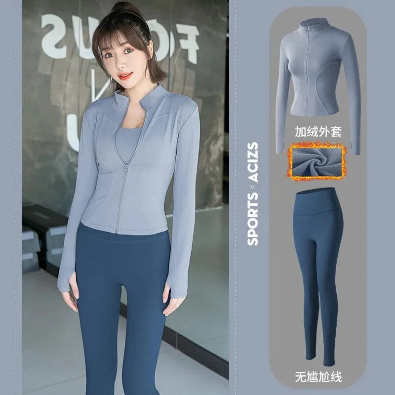XL / Grey blue+sweet whale blue 2023 New Design Women's 2-Piece Active Wear Zip Tracksuit Slim Fit Jogger Nylon Spandex Sports Jacket Top Butt Lifting Plus Size