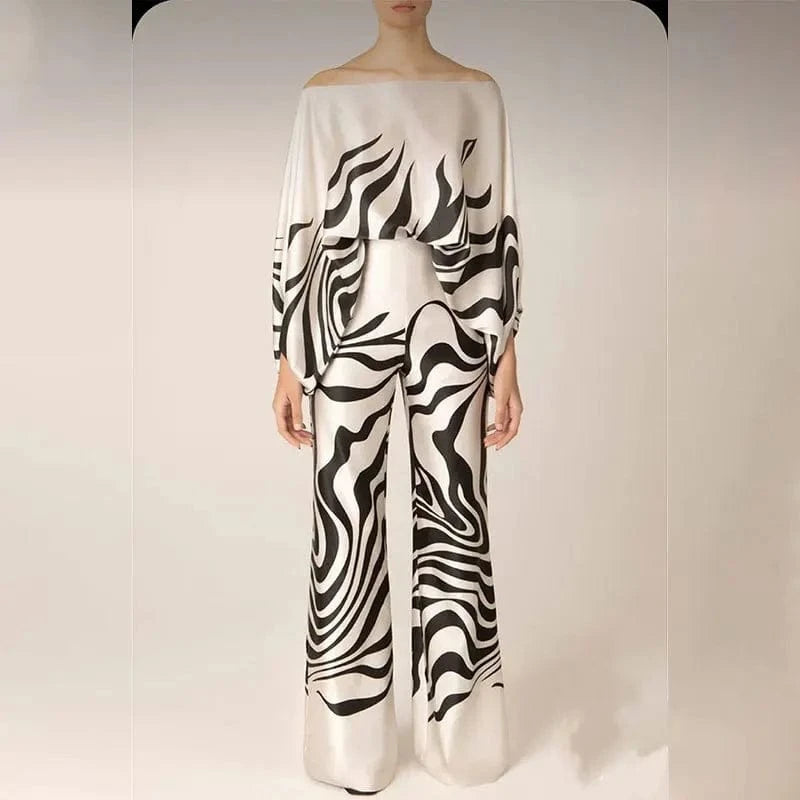 XL / HH24130Y3 2024 New Fashion Print Dropped Shoulders Women Casual Outfit Sets long sleeve One-shoulder top with long pants set street wear