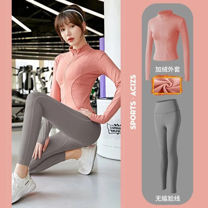 XL / Honey pomelo powder+sea rock ash 2023 New Design Women's 2-Piece Active Wear Zip Tracksuit Slim Fit Jogger Nylon Spandex Sports Jacket Top Butt Lifting Plus Size