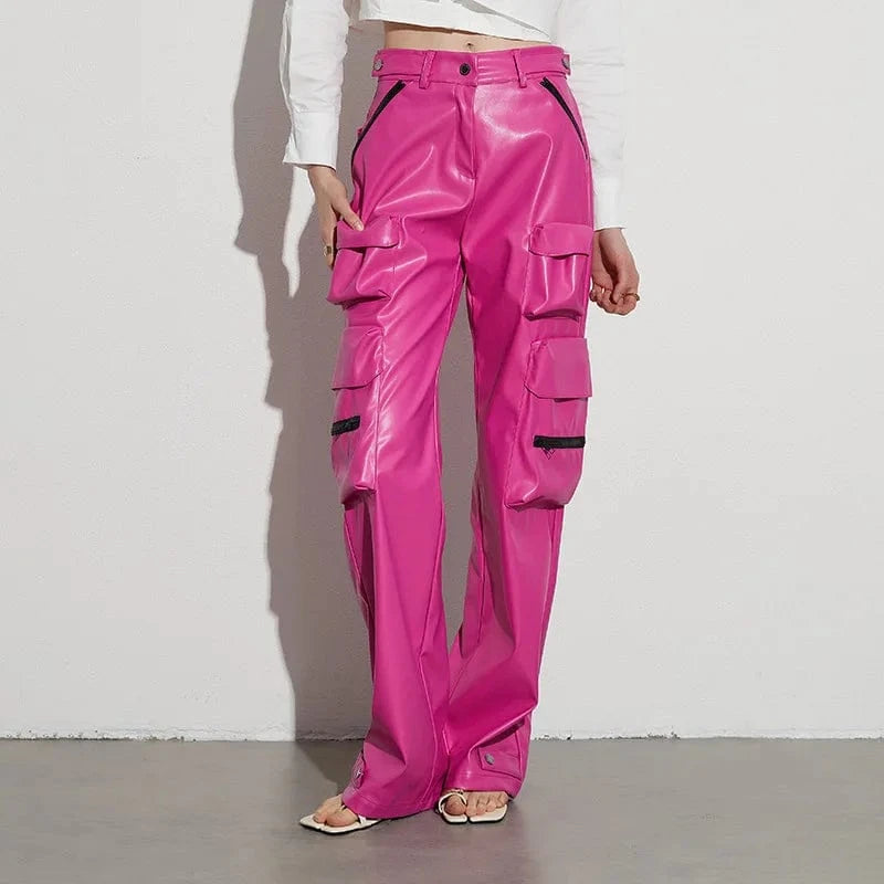 XL / hot pink High quality boutique S-XL top seller 2024 spring trousers cargo pu leather women pants