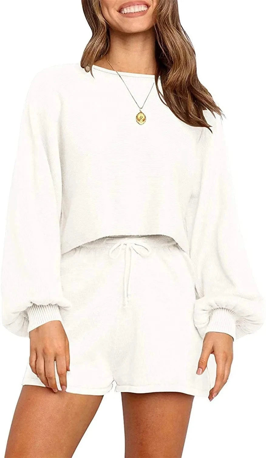 XL / Ivory 2024 OEM Casual Long Sleeve Solid Color Knit Pullover Sweatsuit 2 Piece Short Sweater Outfits Sets plain sweat suit