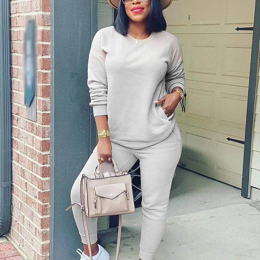 XL / Ivory New 2024 Fall Autumn 2 Piece Long Sleeve Sport Casual Solid Colors Cotton Two Piece Pants Set Tracksuit Women Jogger Suit Sets