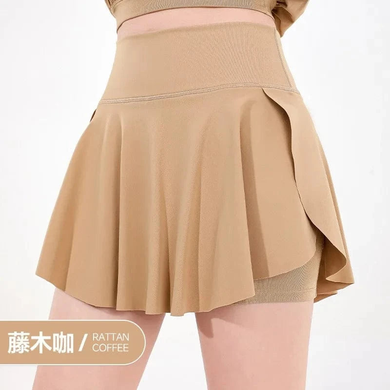 XL / Khaki 2024 Women's sports skirt anti exposure outdoor badminton tennis skirt pleat splicing two high waist yoga culottes quick dry