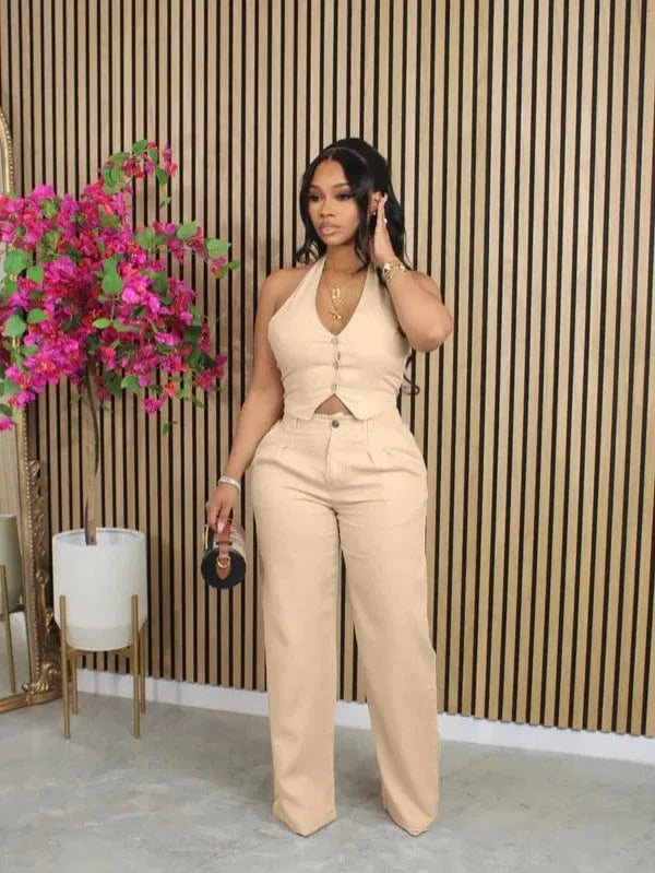 XL / Khaki Bomblook Z828ST03 Solid Color V-neck Halter Neck Suit Vest + Trousers Set Two-piece Suit
