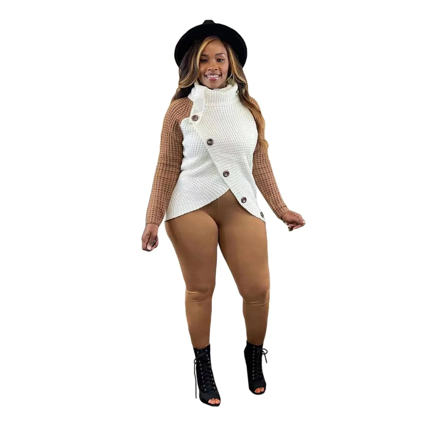 XL / Khaki Ladies Knitted Sweater Women Fashionable Sweater Tops with Colorful Patchwork Trendy Pullover Knitted Sweater with Turtleneck