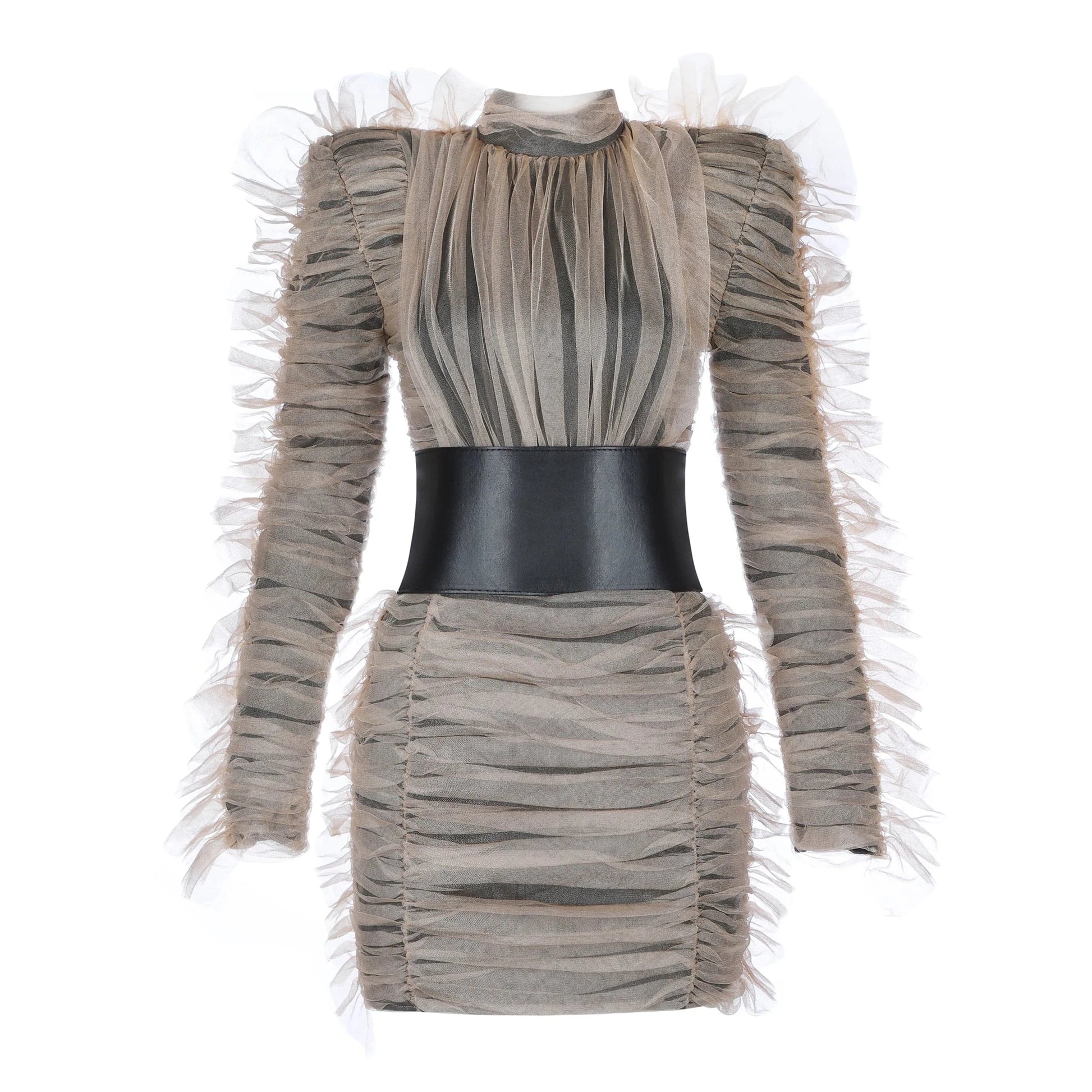 XL / Khaki Women Celebrity Nightclub Party Evening Long Sleeve Mesh Elegant Lady sexy mini Dress With Belt