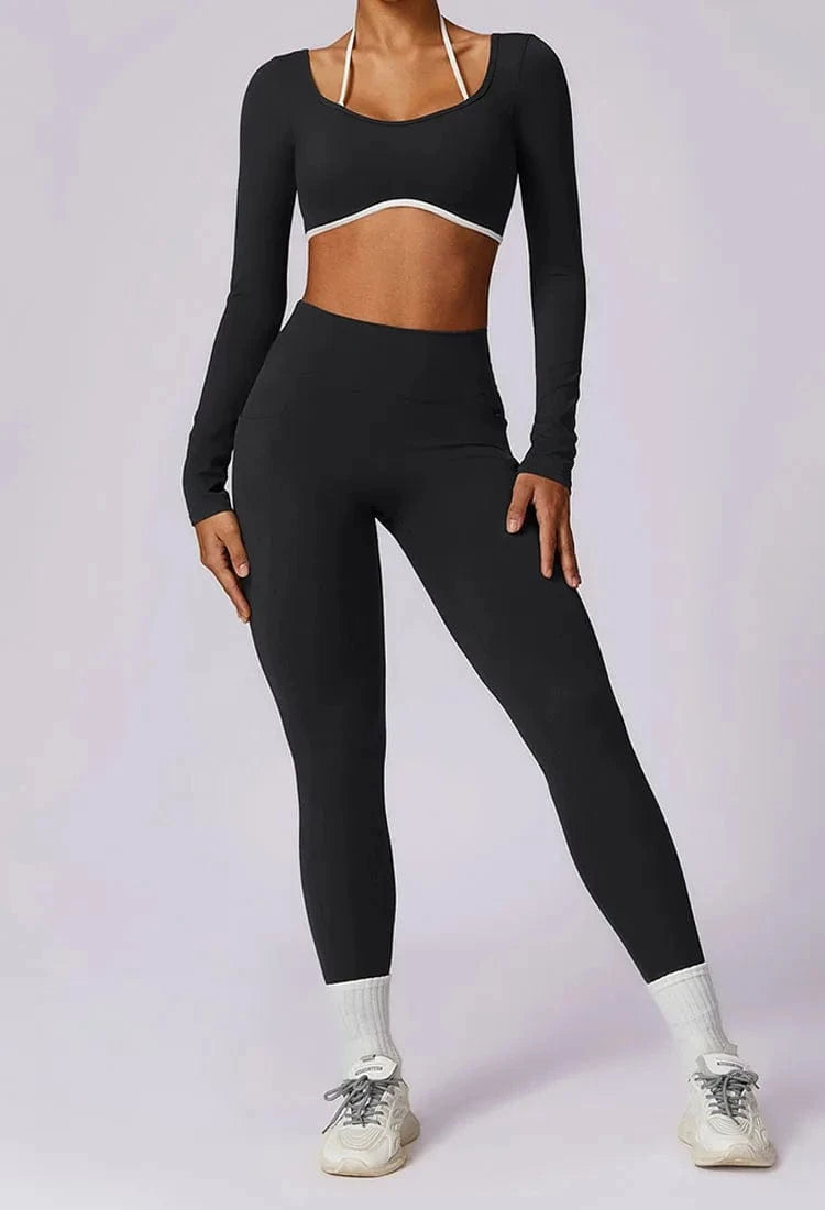 XL / Leggings Black 2024 Custom Women's Workout sets Bra for women Backless High Waist Long-sleeved top Women sportswear Leggings 2 Pieces Yoga set