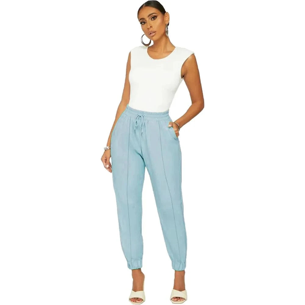 XL / Light Blue 2022 New Arrivals Solid Color High Waist Drawstring Elastic Waist Women PU Leather Ankle Banded Pants