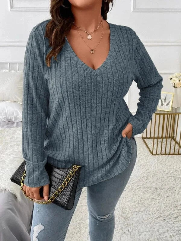 XL / Light Blue 2024  Solid Color Large Size Women's top V-neck Long Sleeve Women  Autumn Winter Pit Strip Woolen  Loose Casual Sweater