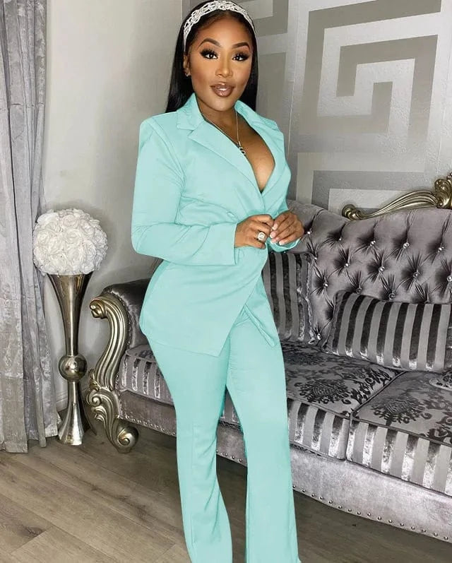 XL / light green Women Double Breasted Notched Blazer Office Ladies Suit Solid Color Slim Long Sleeve Jacket Suit Mujer