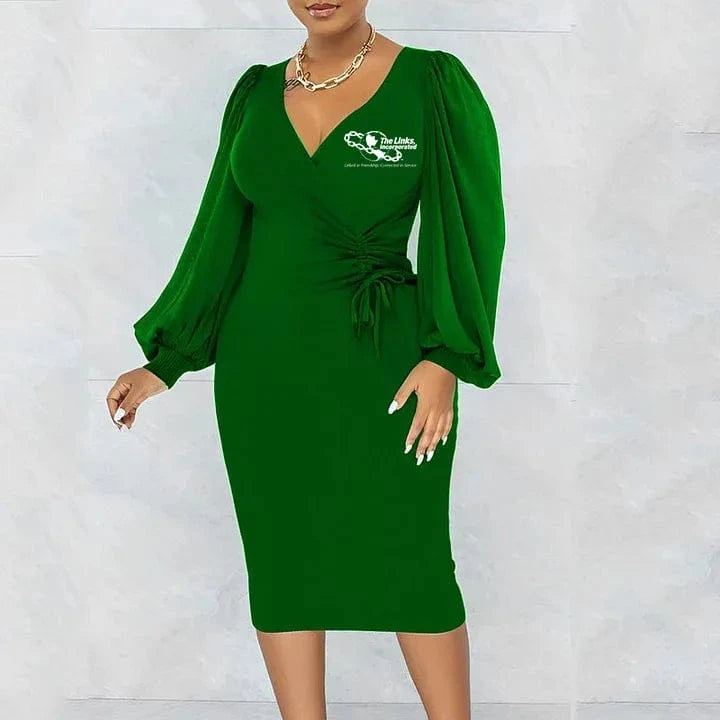 XL / links SORORITY Spring Autumn Waist Midi Dress Women's V-neck Hip-hugging A-line Skirt Long Lantern Sleeves Drawstring Party Dresses