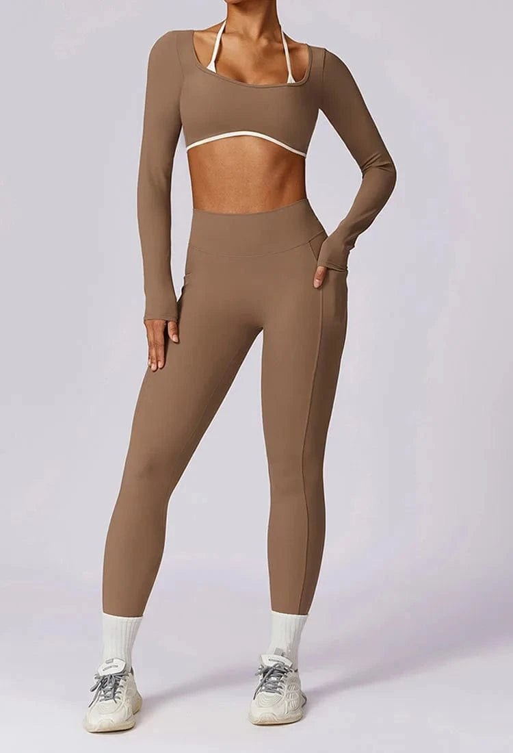 XL / Long-sleeved top Brown 2024 Custom Women's Workout sets Bra for women Backless High Waist Long-sleeved top Women sportswear Leggings 2 Pieces Yoga set