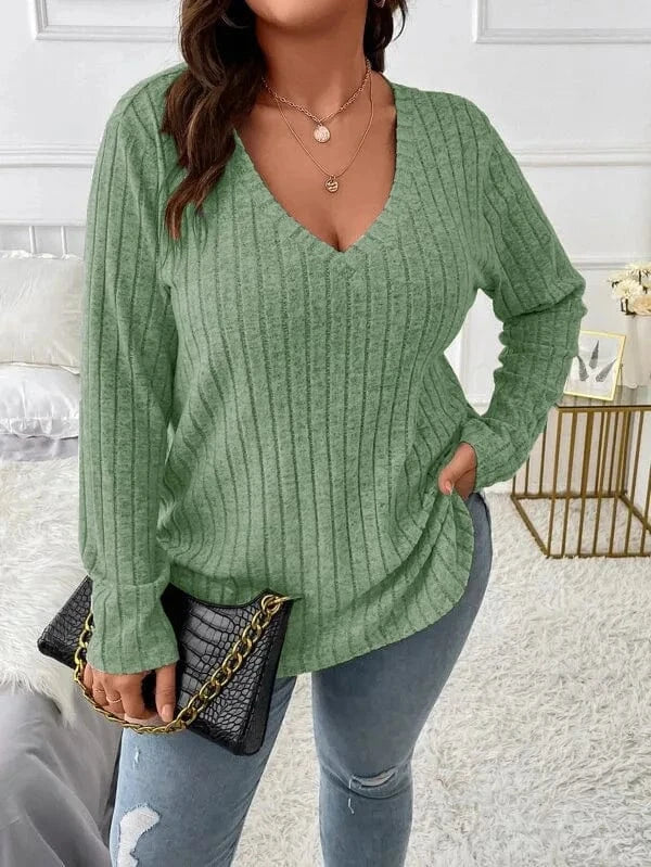 XL / MINT 2024  Solid Color Large Size Women's top V-neck Long Sleeve Women  Autumn Winter Pit Strip Woolen  Loose Casual Sweater