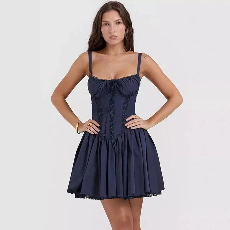 XL / NAVY 2024 Spring Summer Sexy Ball Gown Mini Dress Women Back Bandage Lace Patchwork Slim Waist Spaghetti Strap Short Party Dresses
