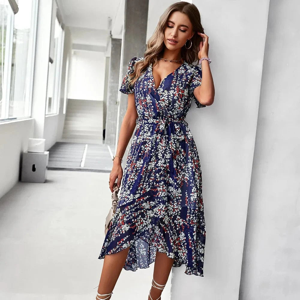 XL / NAVY Hot Sales Women Clothes Casual Ruffle Split Dress Lady Elegant Floral Wrap Dress
