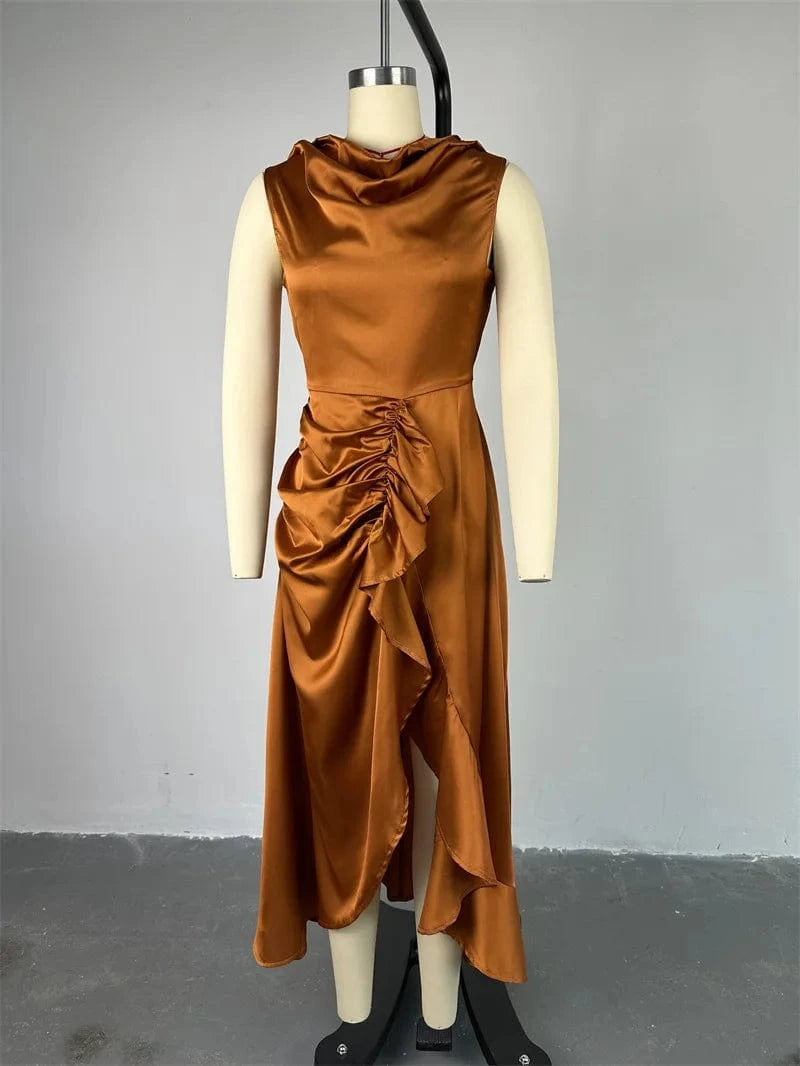 XL / Orange GX7281 Fashion 2024 Summer Sexy Sleeveless Satin Dresses Ladies Ruffle Elegant Unique Irregular Long Dress