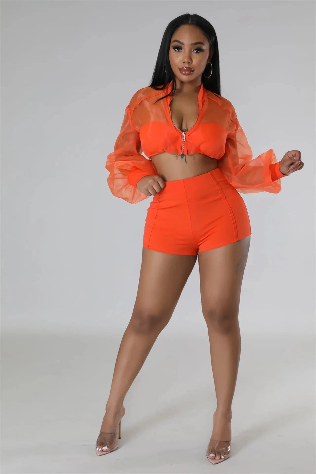 XL / Orange See Through Mesh Top Shorts Tracksuit Set 2 Piece Crop Top and Shorts Women Sets Long Sleeve Shorts Set Street for Girls
