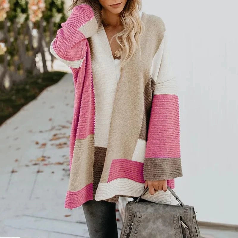 XL / Pink 2024 Custom Winter New Contrast Mixed Color Stripe Long Sleeve Cardigan Women Sweater Lady Clothing