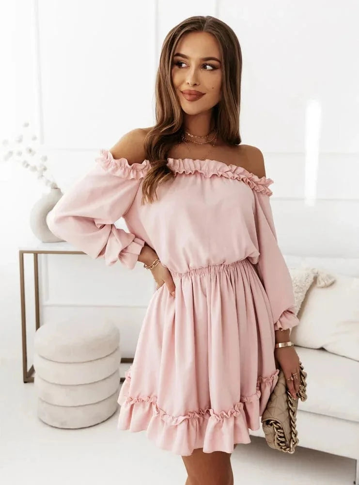 XL / Pink 2024 Europe and the United States Spring and Summer New Women's Fashion Casual Solid Color One-line Shoulder Waist Dress