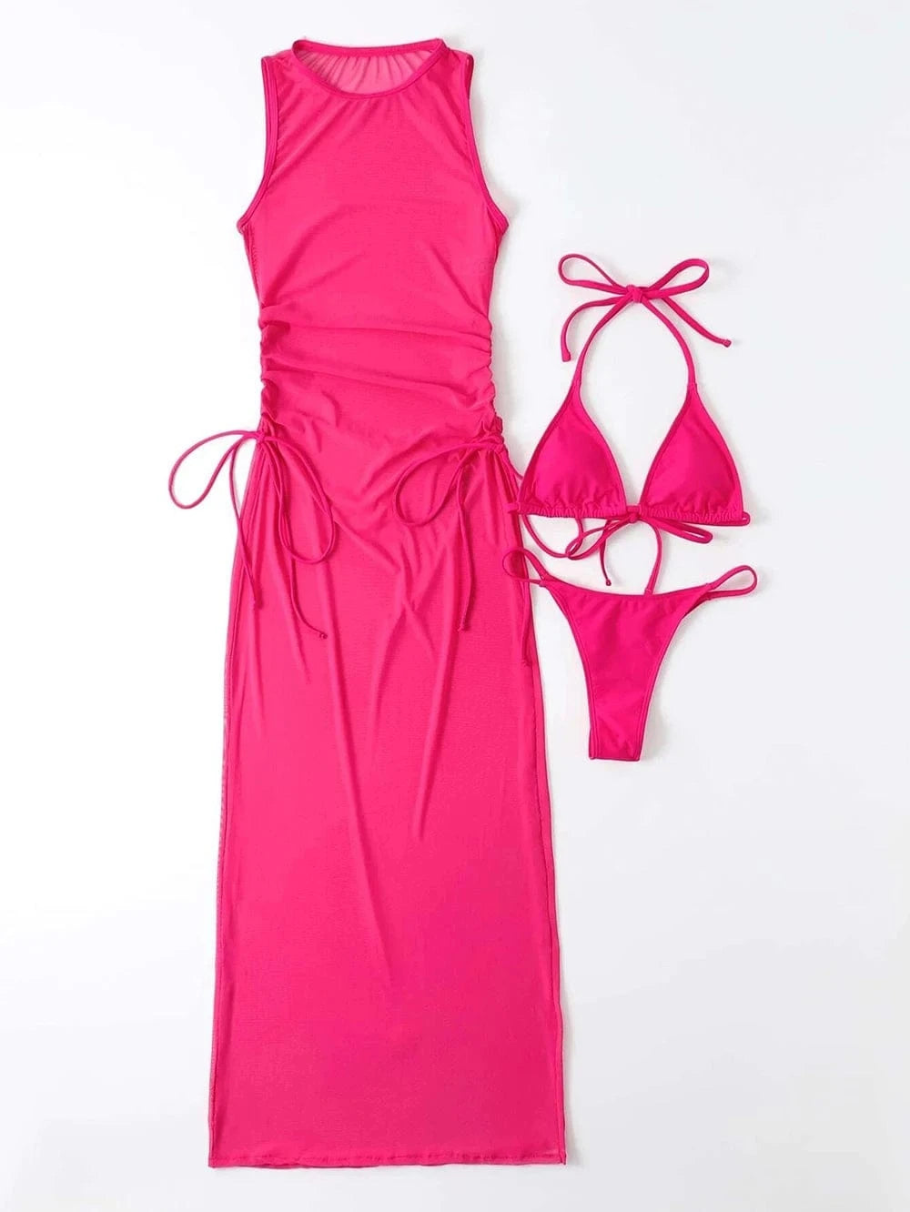 XL / Pink 2024 New Custom Summer Beach Bathing Suit Women Sexy Mini Bikini Set with Mesh Skirt Swimsuit  Halter Three Pieces Swimwear