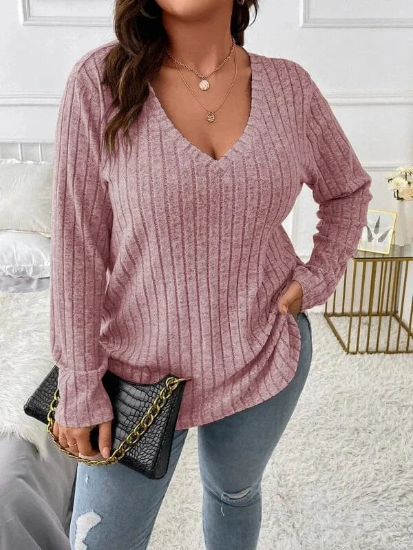 XL / Pink 2024  Solid Color Large Size Women's top V-neck Long Sleeve Women  Autumn Winter Pit Strip Woolen  Loose Casual Sweater