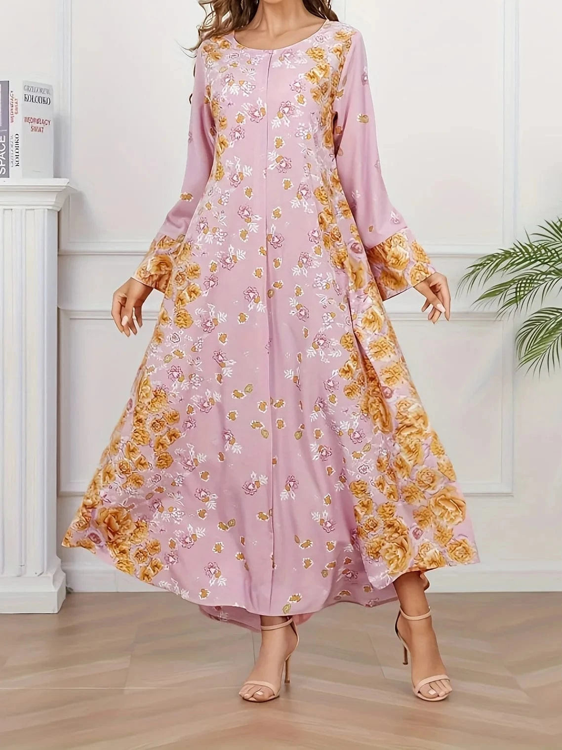 XL / pink [cg047] Floral Print Crewneck Bohemian Muslim Abaya Long Women's Dress