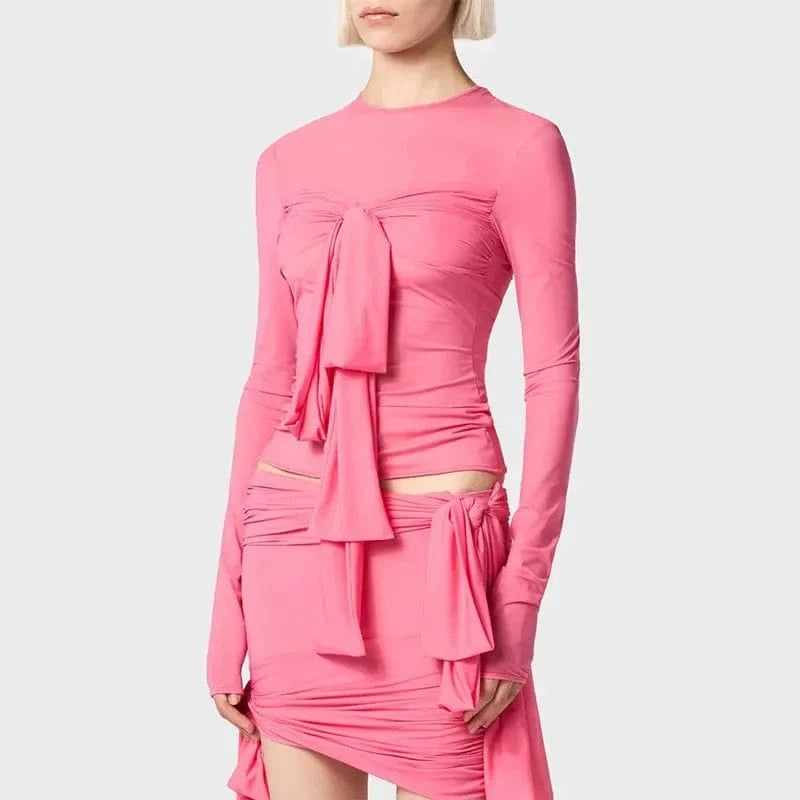 XL / Pink GetSpring Women Skirt Sets 2024 Spring Long Sleeve Sexy Bandage T Shirt Elastic High Waisted Wrap Hip Mini Skirt Two Pieces Sets