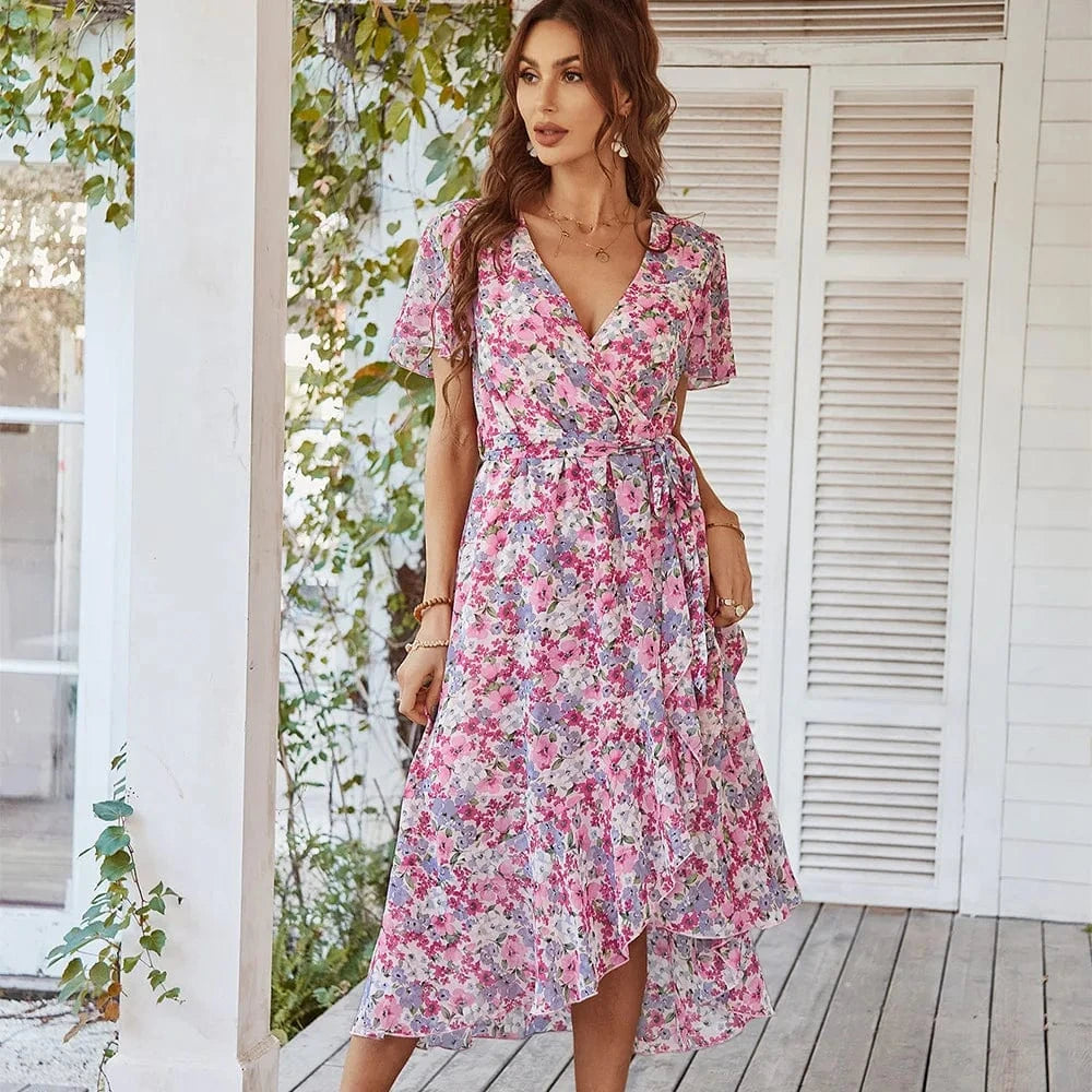 XL / Pink Hot Sales Women Clothes Casual Ruffle Split Dress Lady Elegant Floral Wrap Dress