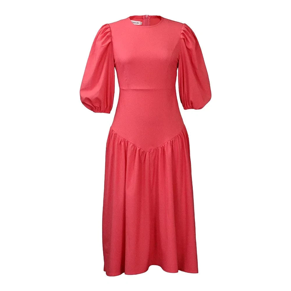 XL / Pink Lanxi New Model American Elegant Lady Africa Clothing Spring Long Puff Sleeve Pleat Casual Dresses Plus Size Fashion Dress Women