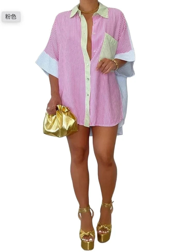 XL / Pink Liu Ming 2024 New Arrivals Women Casual Buttons Striped Long Sleeve T Shirt Tops Loose Blouse