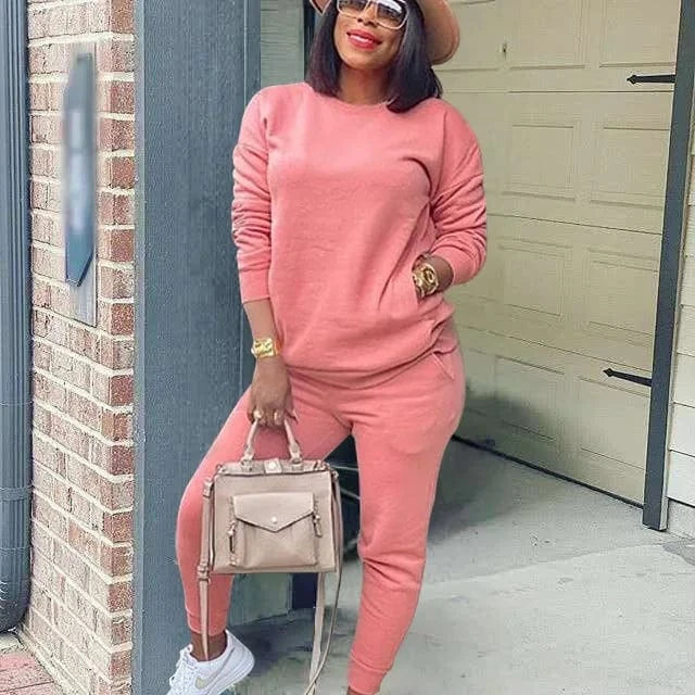 XL / Pink New 2024 Fall Autumn 2 Piece Long Sleeve Sport Casual Solid Colors Cotton Two Piece Pants Set Tracksuit Women Jogger Suit Sets