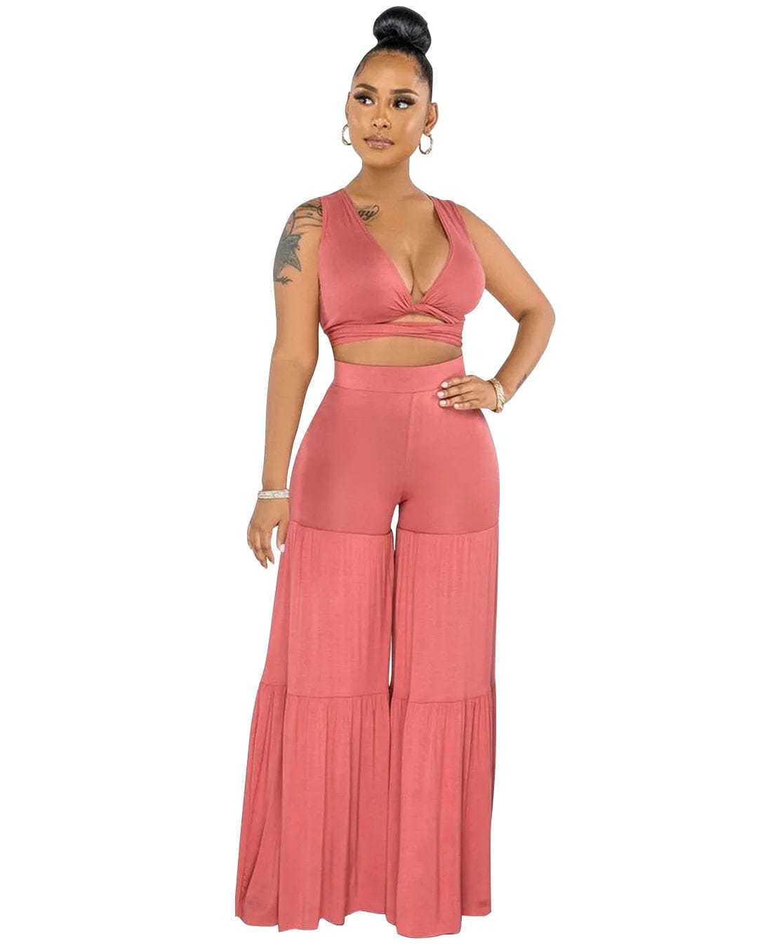 XL / Pink New Sexy Bundled Vest Top V-Neck Pleated Solid Color Summer Casual Women Mid-Waist Stitching Wide-Leg Two Piece Pants Set