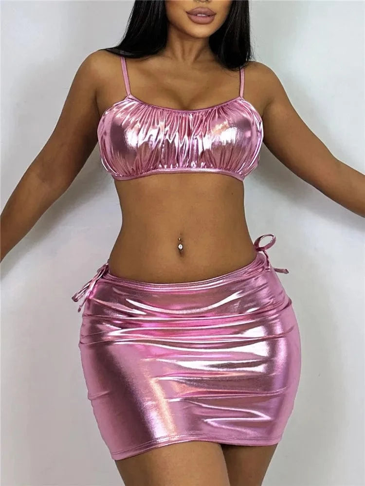 XL / Pink Pink Skirt PU Faux Leather Bikinis Sets Women Sexy Pleated Push Up Cover Up 3 Piece Swimsuit 2024 Summer Bathing Suit