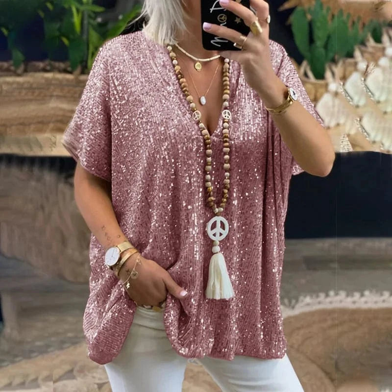 XL / Pink / Polyester Women New Sequined T-shirt 2024 Summer Fashion Ladies Mid-length Short-sleeved T-shirt Women Sexy Ins Bright Glitter Loose Tops