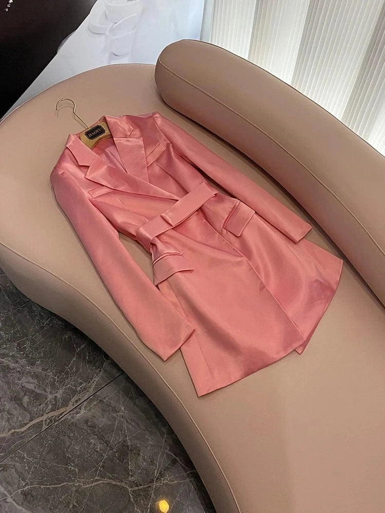 XL / Pink Quality Satin Lady Designed Elegant Style Office Solid Long Sleeve Wear Women Short Mini Pink Blazer Dress