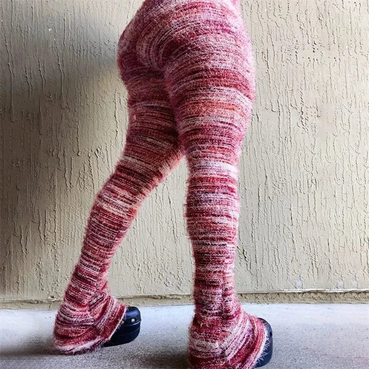 XL / Pink Stacked Furry Pants High Waist  Fashion 2024 Women Winter Trouser Skinny Casual Sexy Club Trouser