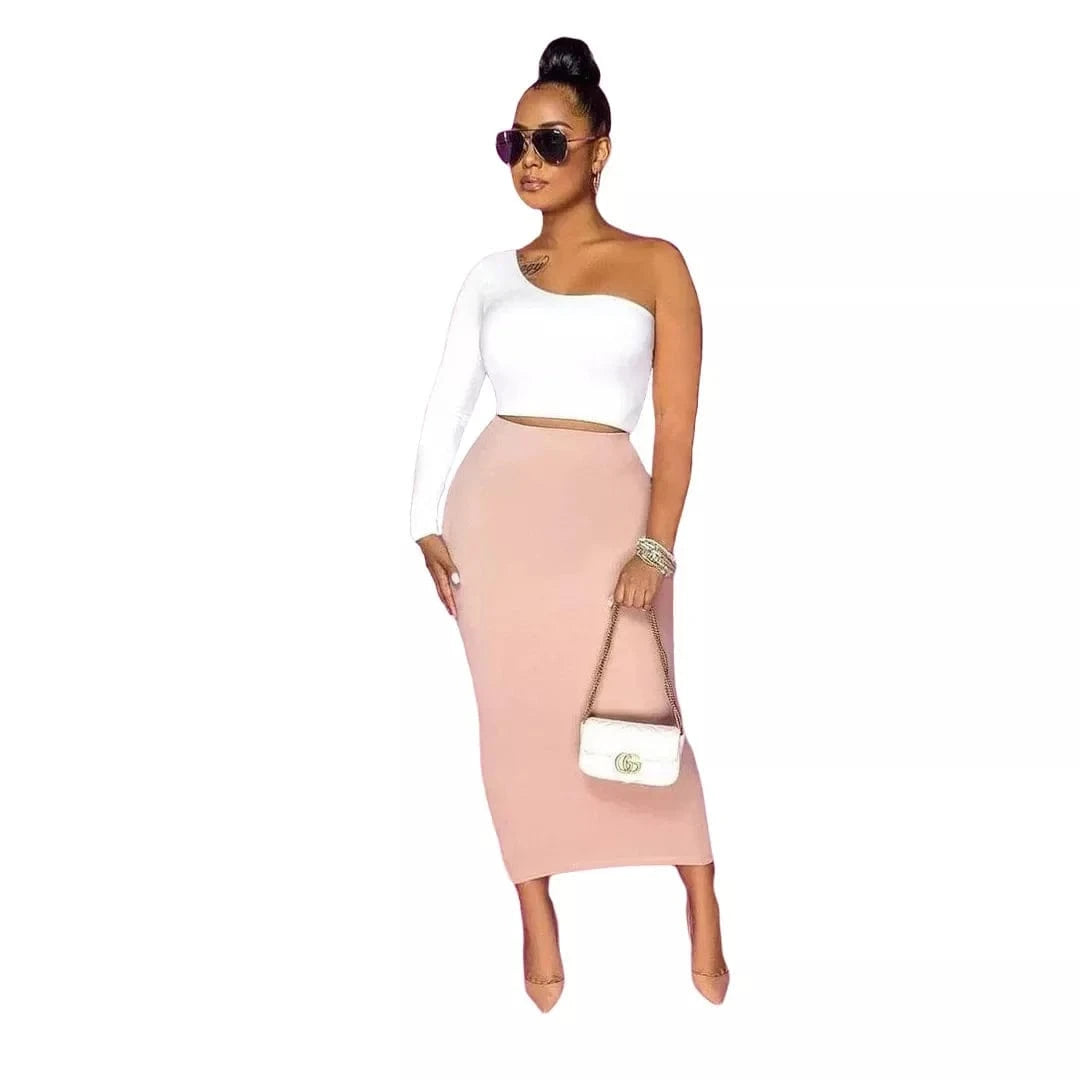 XL / Pink Summer Fashion elegant shoulder out 2 piece skirt set Maxi Bodycon plus size two piece skirt set