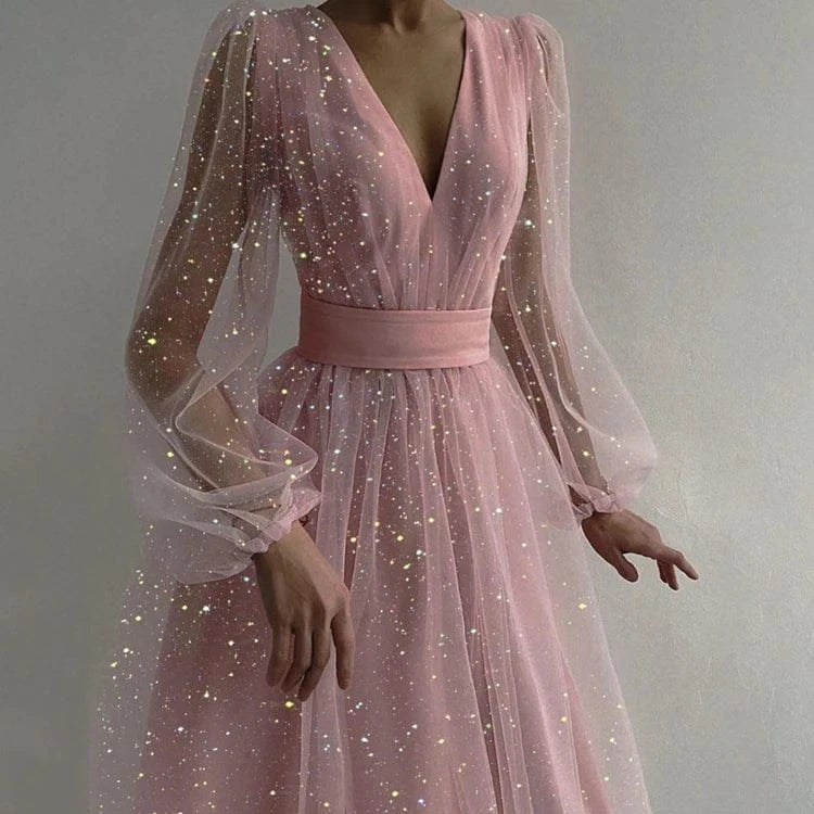 XL / Pink Summer V-neck Lantern Long Sleeve Women Dresses Sequined Mesh Tulle  Knee-high Clothing Lady Elegant Evening Dress
